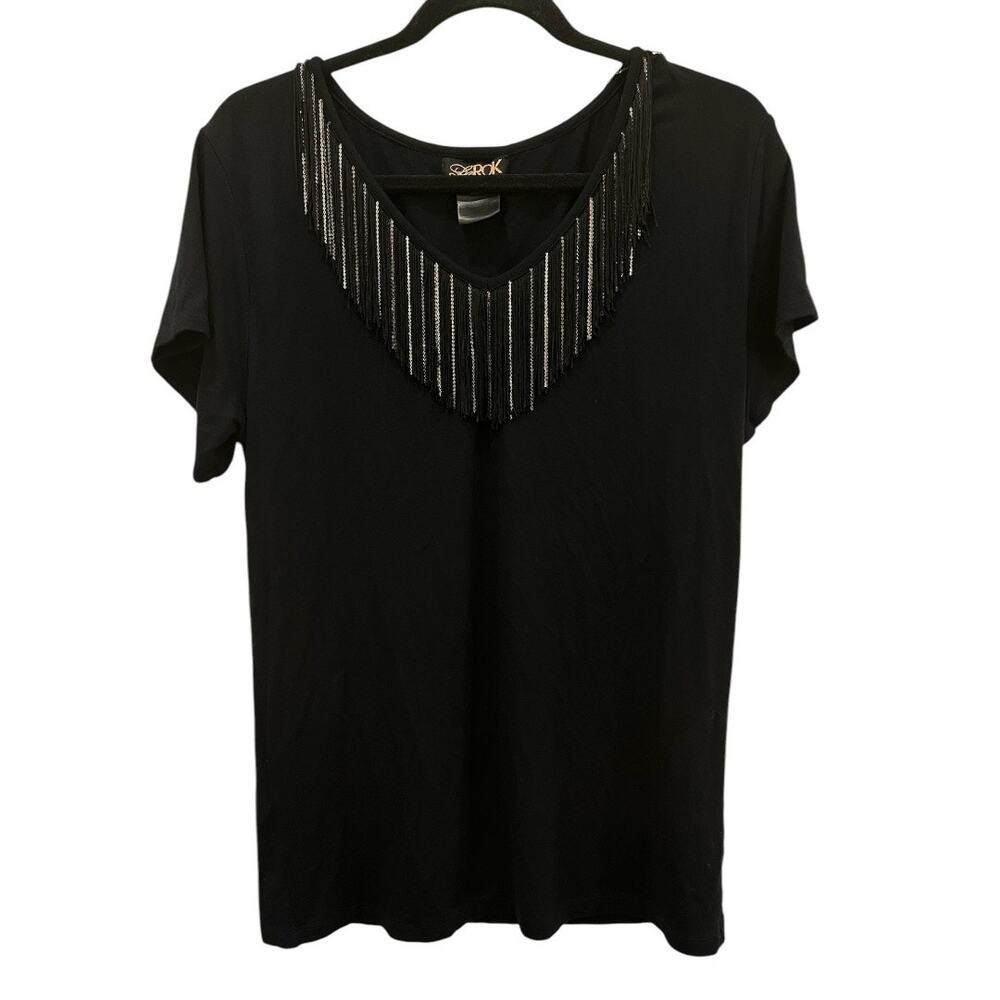 LeROK Black Metallic Fringe Top Size Small
